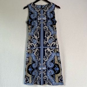 J. McLaughlin Catalina Cloth Sheath Dress Classic Blue Gold Pattern tag removed